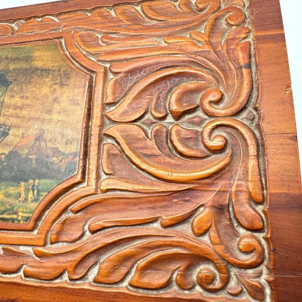 Vtg 1950s Hand-Carved Cedar Wood Jewelry Box Mirror Windmill Footed Base
